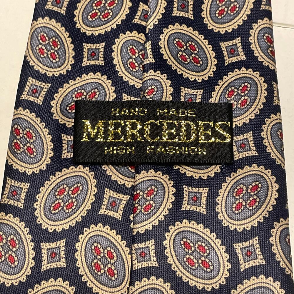 Vintage Merceds Hand Made 100% Silk Tie Navy Cream and Red Geometric Design EUC - Picture 8 of 8